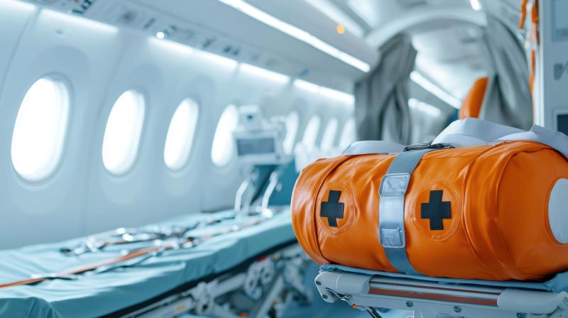 Intérieur d’un avion médicalisé avec une civière, une trousse de secours orange et des équipements de soins d’urgence pour le transport médical