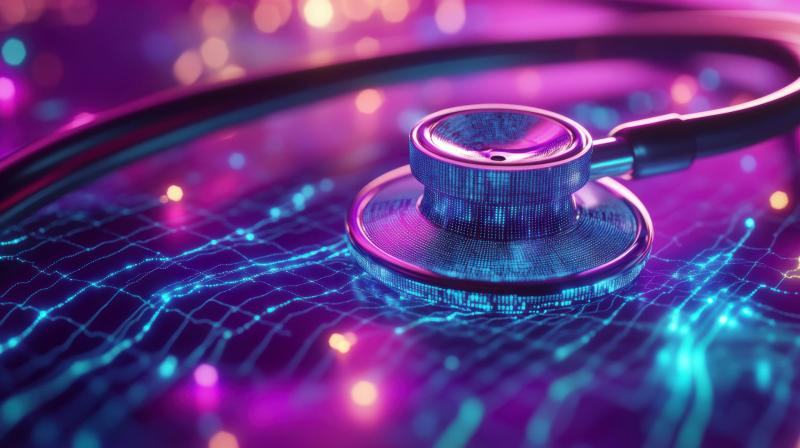 Stéthoscope posé sur un réseau lumineux symbolisant les données numériques de santé, dans une ambiance futuriste avec des teintes violettes et bleues