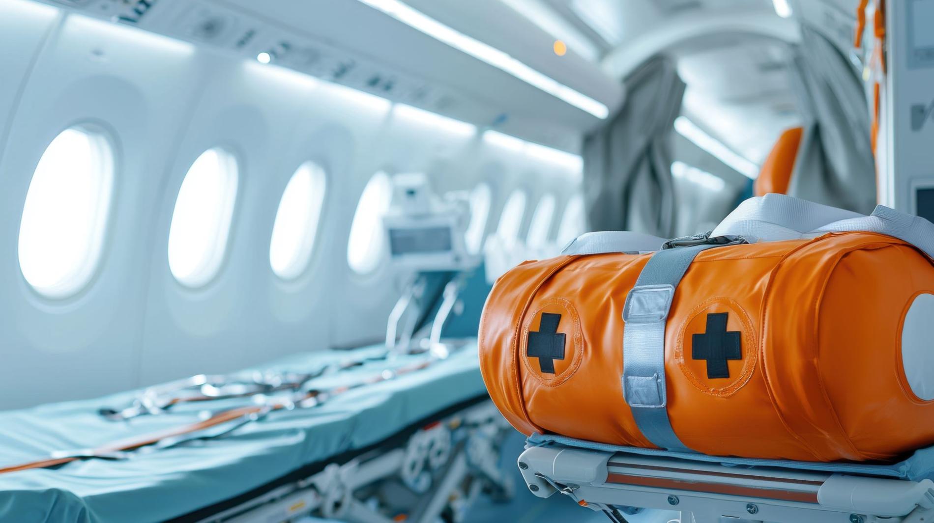 Intérieur d’un avion médicalisé avec une civière, une trousse de secours orange et des équipements de soins d’urgence pour le transport médical.